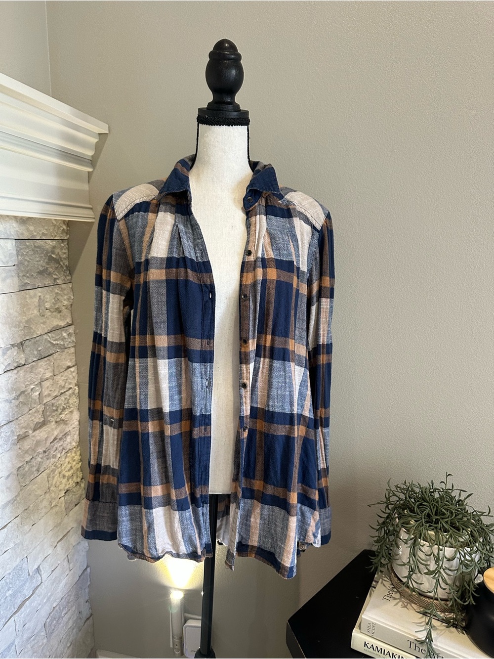 Free People Top Preppy In Plaid Button Front Tunic High Low Blue Orange - Picture 2 of 5